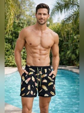 Page One Men's Black Feather Pattern Swim Shorts Size Large Quick Dry Mesh Linin